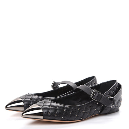 Valentino Garavani Crackled Lambskin Rockstud Spike Captoe Ballerina Flats 37 Black 3 of 10