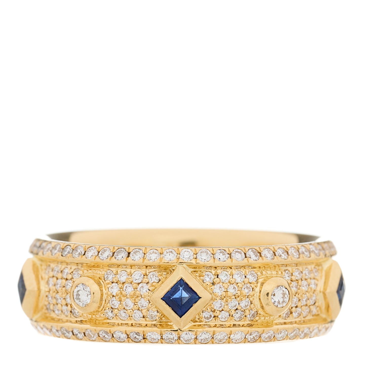 18K Yellow Gold Diamond Blue Sapphire Modern Renaissance Full Pave Ring 55 7.25