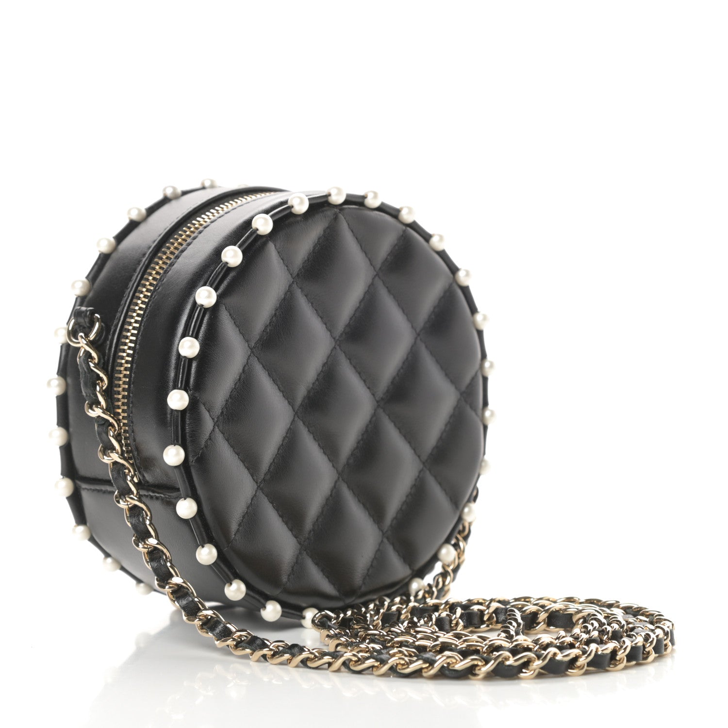 Chanel Calfskin Quilted Pearl Round Clutch With Chain Black 2 of 10