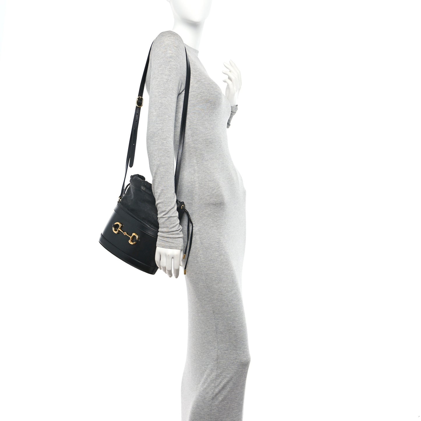 Azalea Sakai Calfskin Horsebit 1955 Drawstring Bucket Bag Black