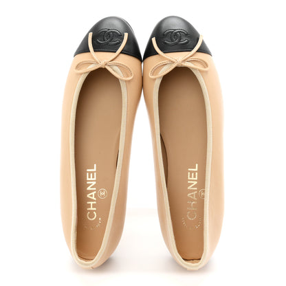 Chanel Lambskin Cap Toe CC Ballerina Flats 38 Beige Black 2 of 9