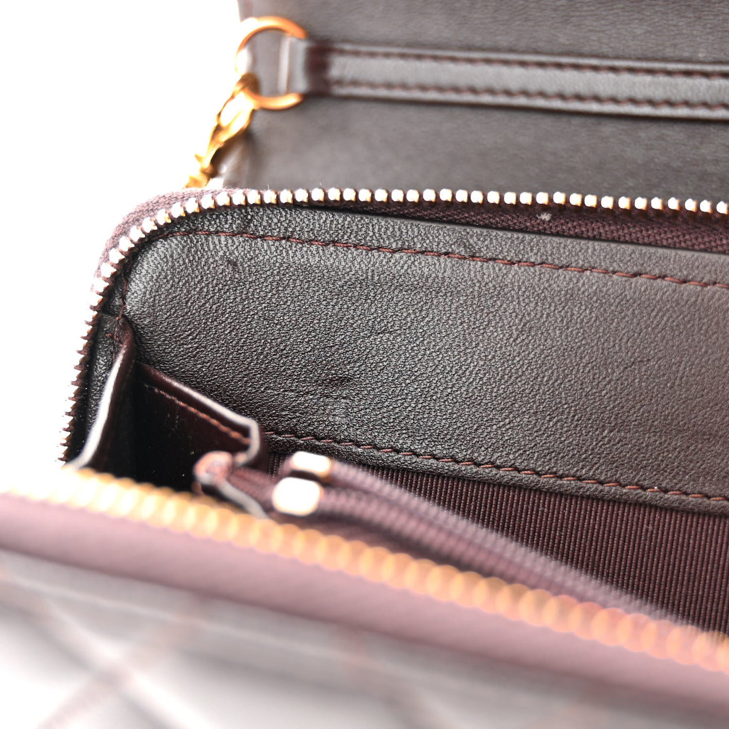 Lambskin Quilted Phone Holder Wallet on Removable Chain Brown