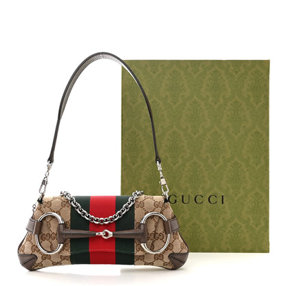Gucci Monogram Textured Dollar Calfskin Heavy Grosgrain Web Small Maxi Horsebit Chain Shoulder Bag Beige Ebony New Acero 11 of 11