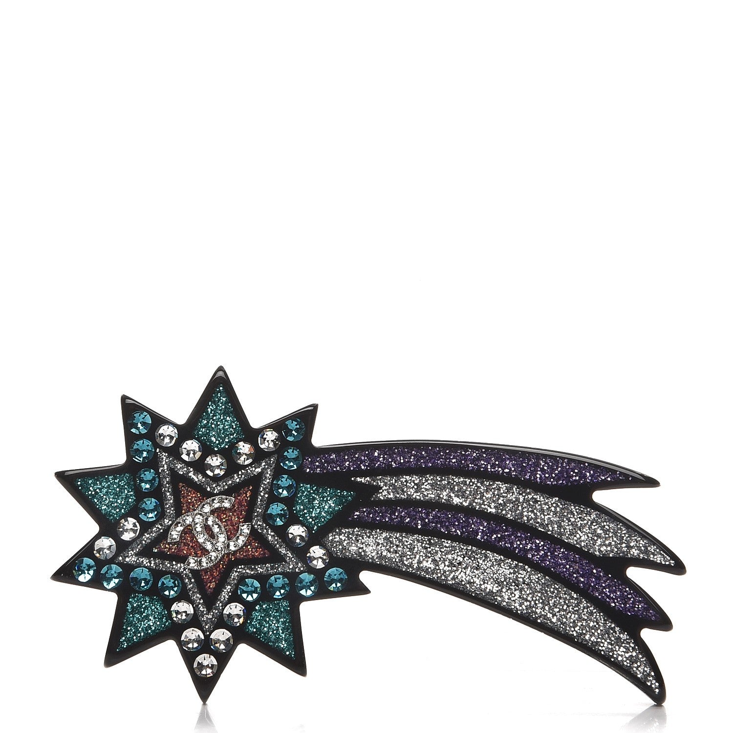 Chanel Glittered Resin Strass Shooting Star Brooch Black Purple Green 1 of 4
