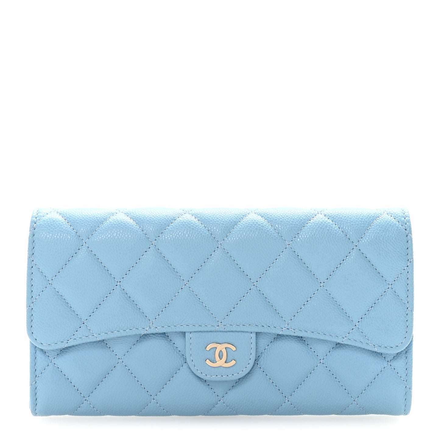 Caviar Quilted Large Gusset Flap Wallet Light Blue