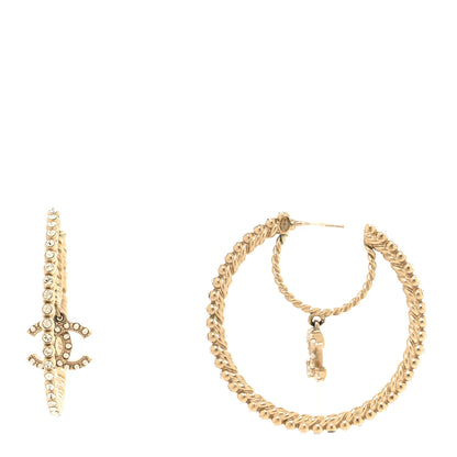 Chanel Crystal Pearl CC Drop Hoop Earrings Gold Pearly White 1 of 4