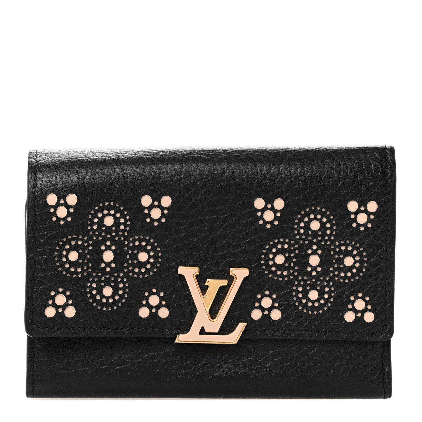 Taurillon Perforated Capucines Compact Wallet Black