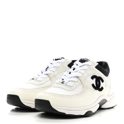 Chanel Mesh Suede Calfskin Grained Calfskin Womens CC Sneakers 36.5 White Black 3 of 8