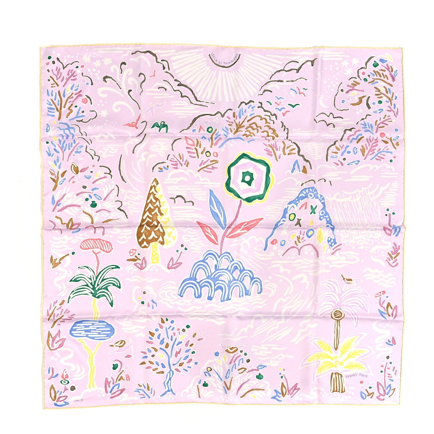 Hermes Silk Isola Di Primavera Scarf 90 Rose Pale Bleu Jaune 1 of 5