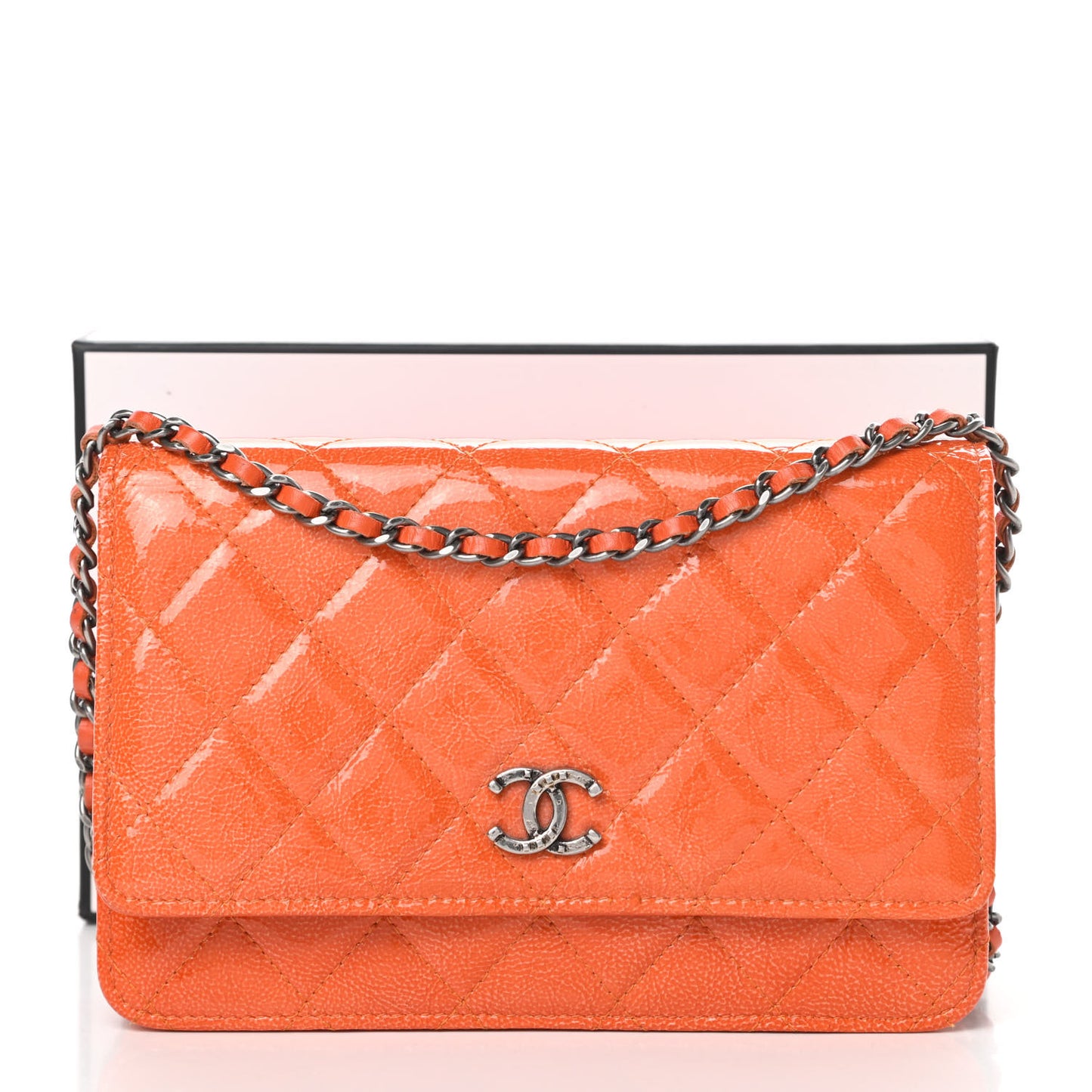 Distressed Patent Calfskin Quilted Wallet On Chain WOC Orange