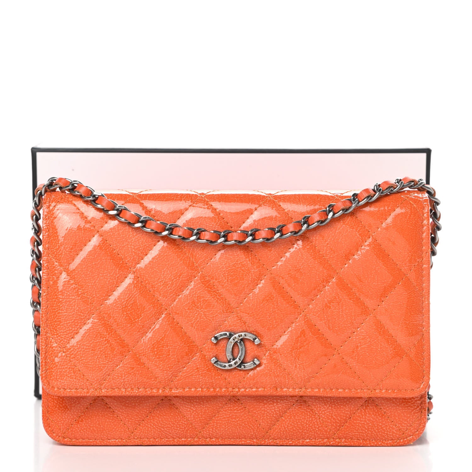 Chanel Distressed Patent Calfskin Quilted Wallet On Chain WOC Orange 15 of 15