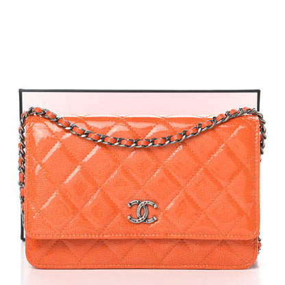 Chanel Distressed Patent Calfskin Quilted Wallet On Chain WOC Orange 15 of 15