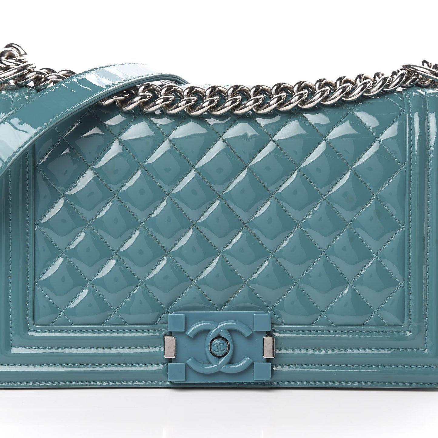Patent Calfskin Quilted Medium Plexiglass Boy Flap Turquoise