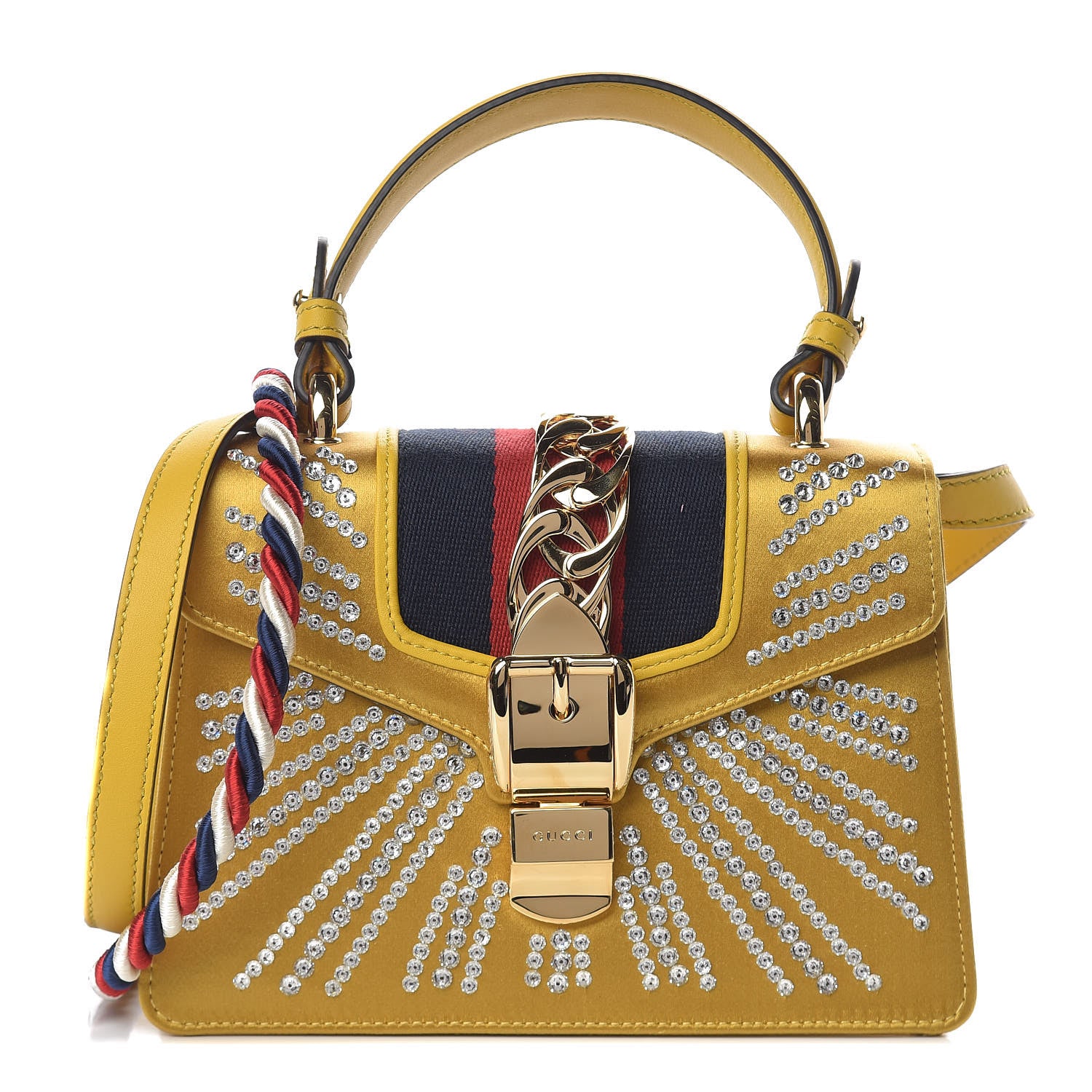 Gucci Satin Crystal Mini Sylvie Top Handle Bag Yellow 1 of 14