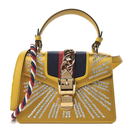 Gucci Satin Crystal Mini Sylvie Top Handle Bag Yellow 1 of 14