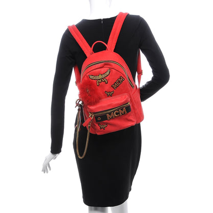 MCM Lambskin Fox Fur Small Stark Insignia Backpack Red 2 of 9
