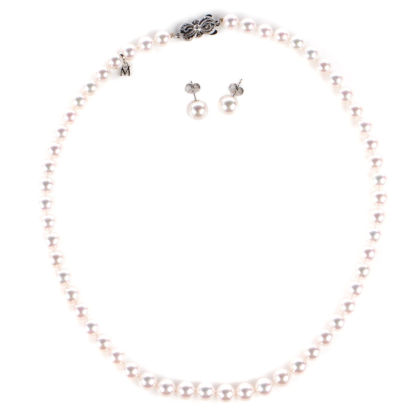 18K White Gold Akoya Cultured Pearl 8mm Strand Necklace and Earring Set
