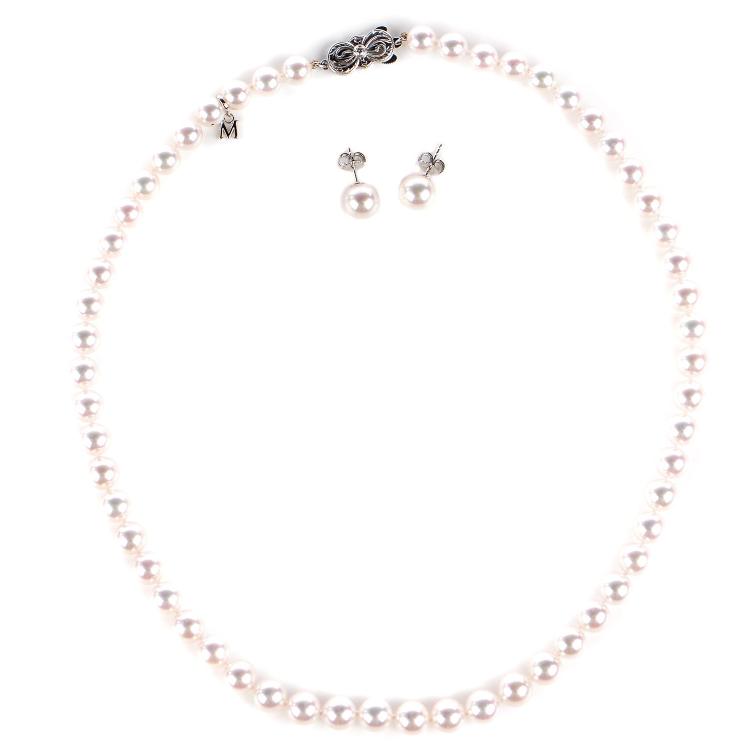 Mikimoto 18K White Gold Akoya Cultured Pearl 8mm Strand Necklace and Earring Set 1 of 6