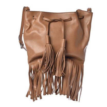 Prada Soft Calf Drawstring Fringe Crossbody Tan 1 of 9