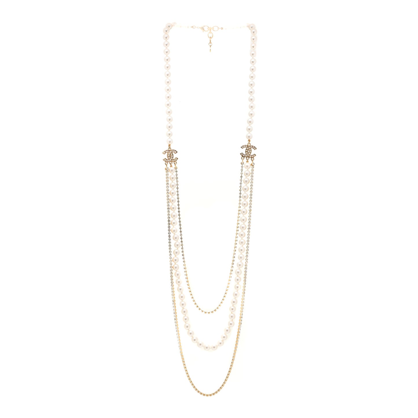 Pearl Crystal Multi Strand CC Long Necklace Gold