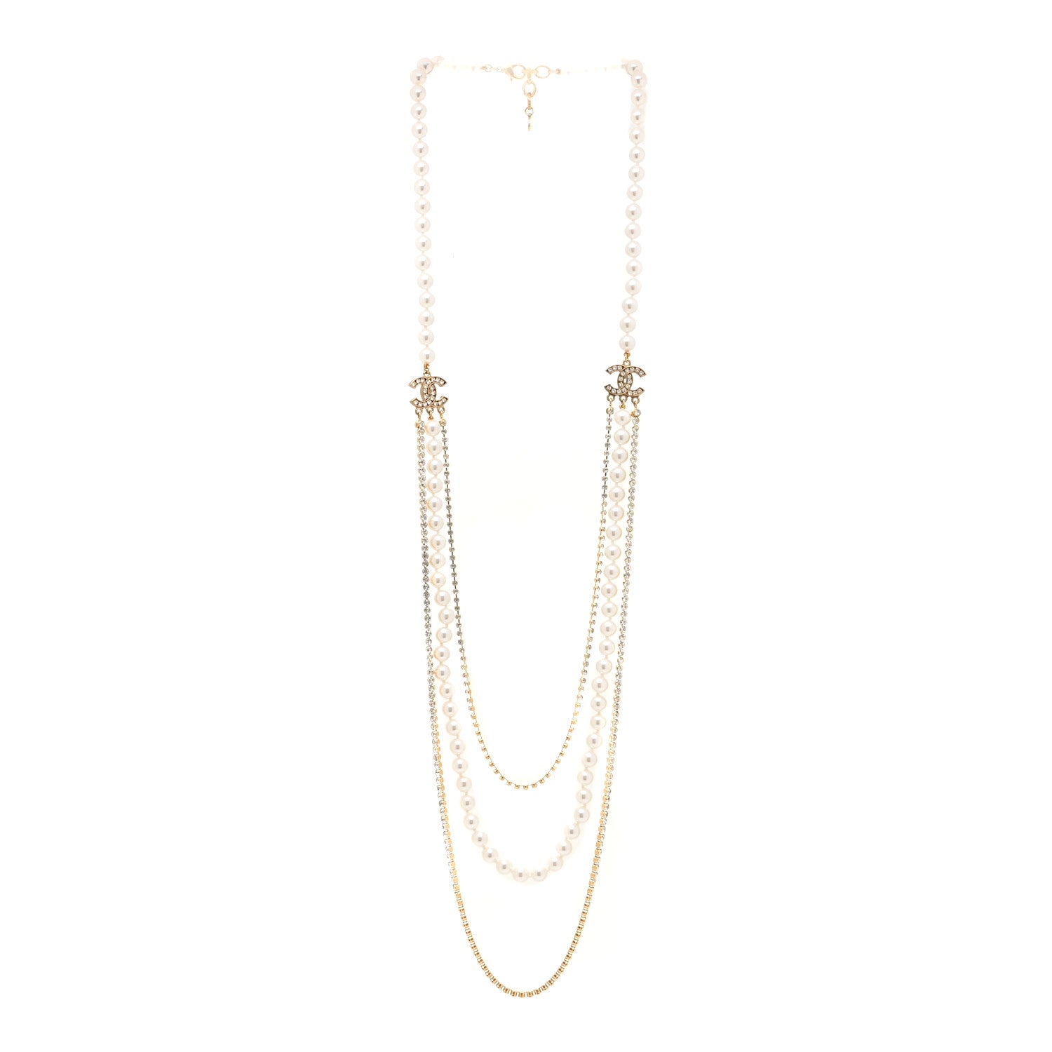 Chanel Pearl Crystal Multi Strand CC Long Necklace Gold 4 of 4