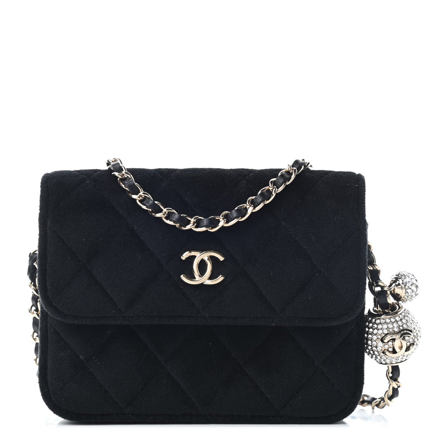 Velvet Quilted Pearl Crush Clutch With Chain Black