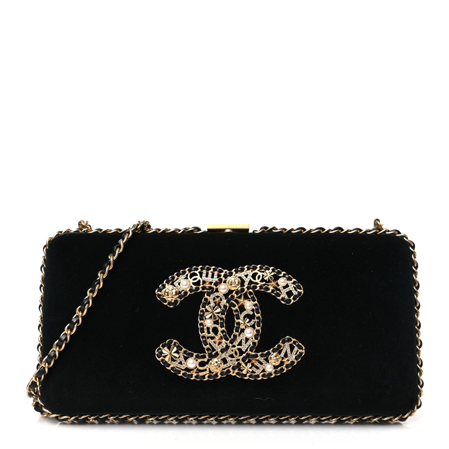 Velvet Pearl Crystal Sergeant Chain Around Evening Clutch Black Gold