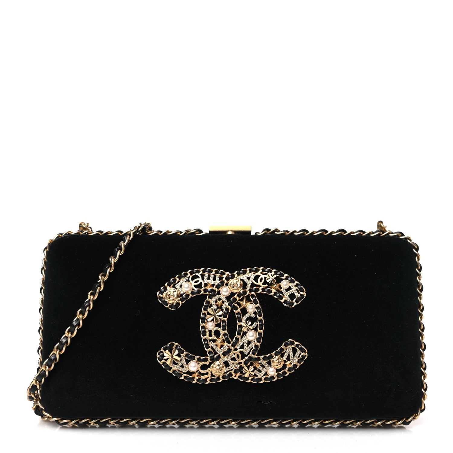Chanel Velvet Pearl Crystal Sergeant Chain Around Evening Clutch Black Gold 1 of 9