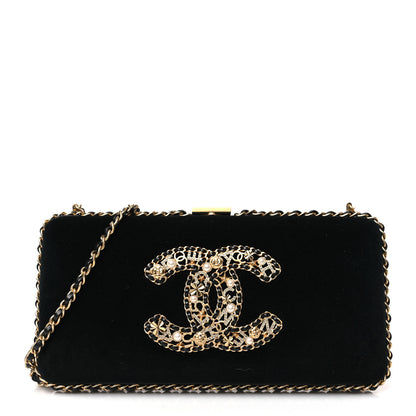 Chanel Velvet Pearl Crystal Sergeant Chain Around Evening Clutch Black Gold 1 of 9