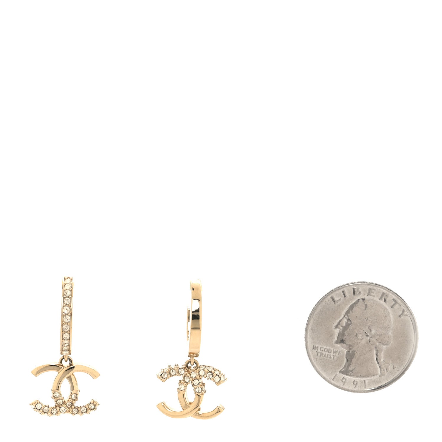 Chanel Crystal Bead CC Hoop Drop Earrings Light Gold 2 of 4