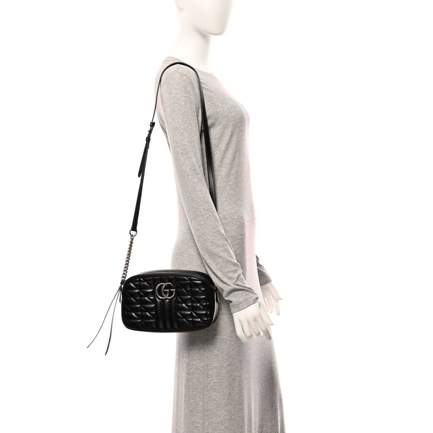 Gucci Calfskin Matelasse Aria Small GG Marmont Chain Shoulder Bag Black 2 of 11