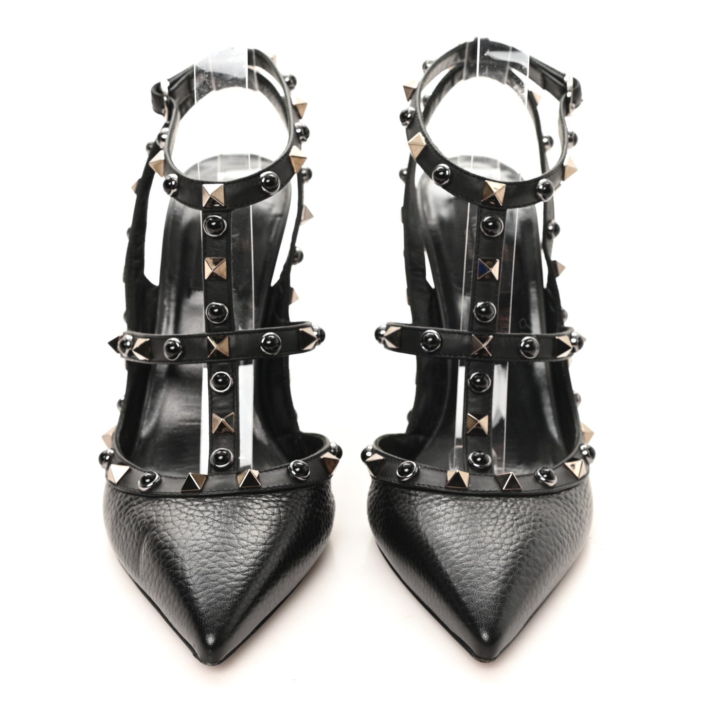 Pebbled Calfskin Onyx Rockstud Rolling Ankle Strap 100mm Pumps 39 Black