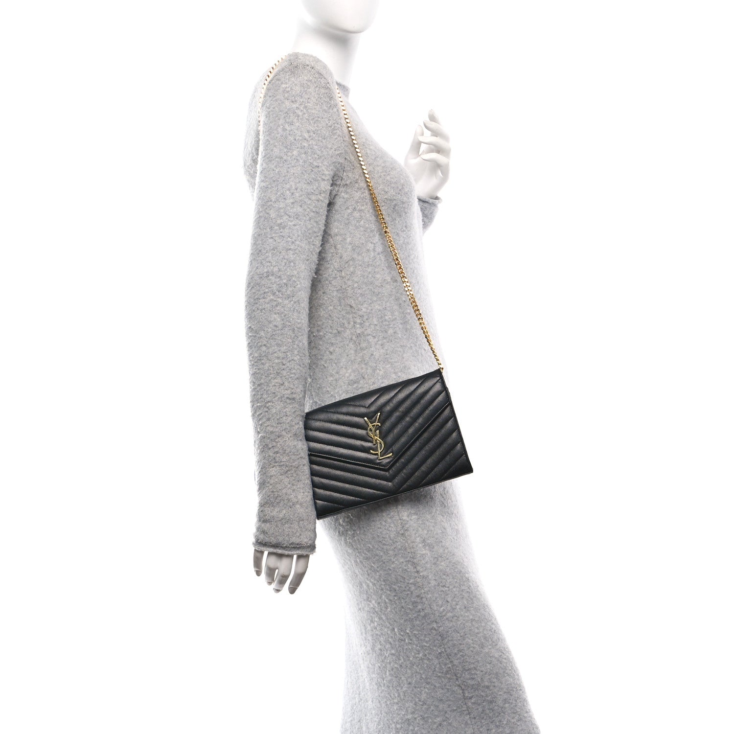 Saint Laurent Grain De Poudre Matelasse Chevron Monogram Chain Wallet Black 3 of 11