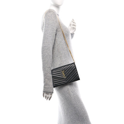 Saint Laurent Grain De Poudre Matelasse Chevron Monogram Chain Wallet Black 3 of 11