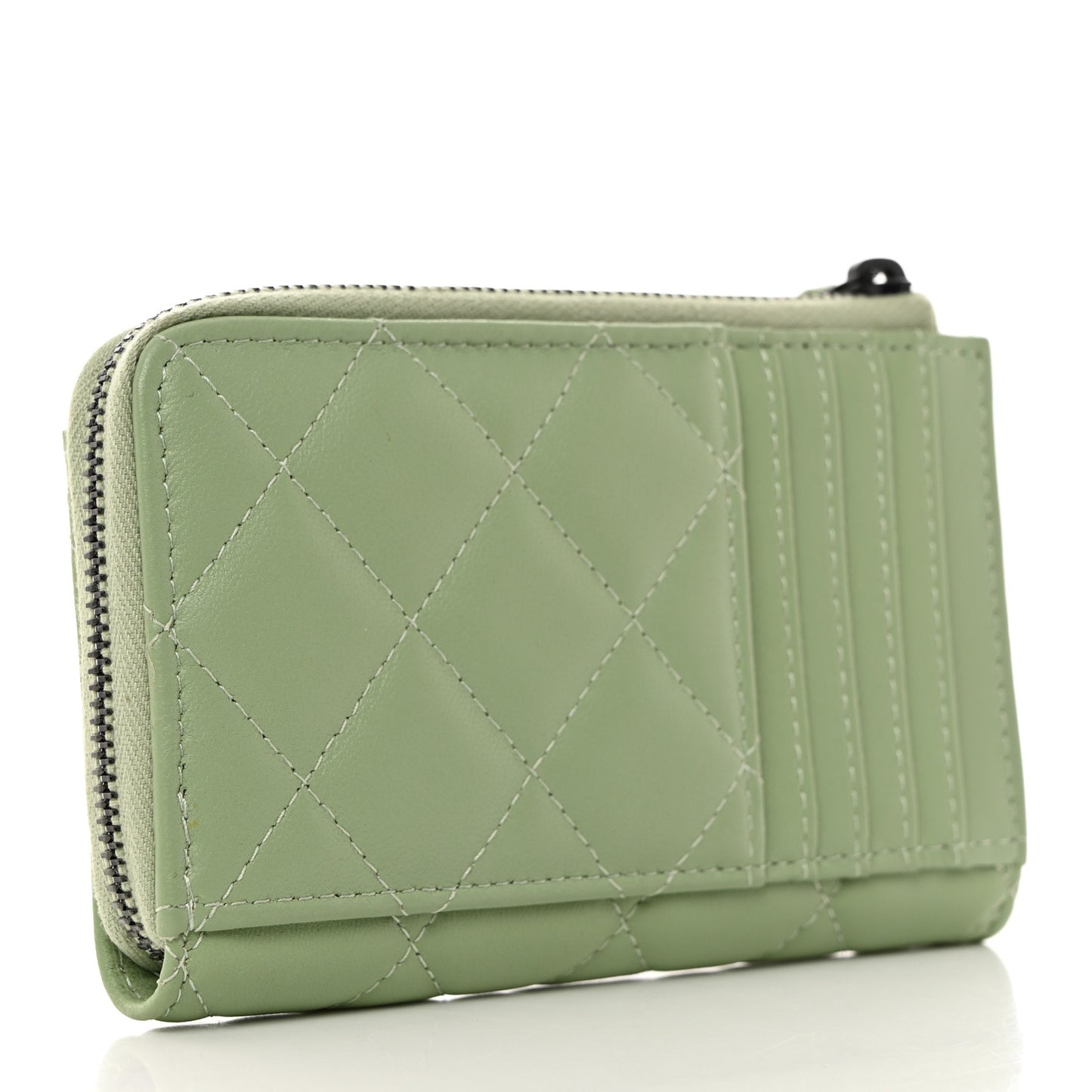 Lambskin Quilted CC Zip Around Card Holder Light Green