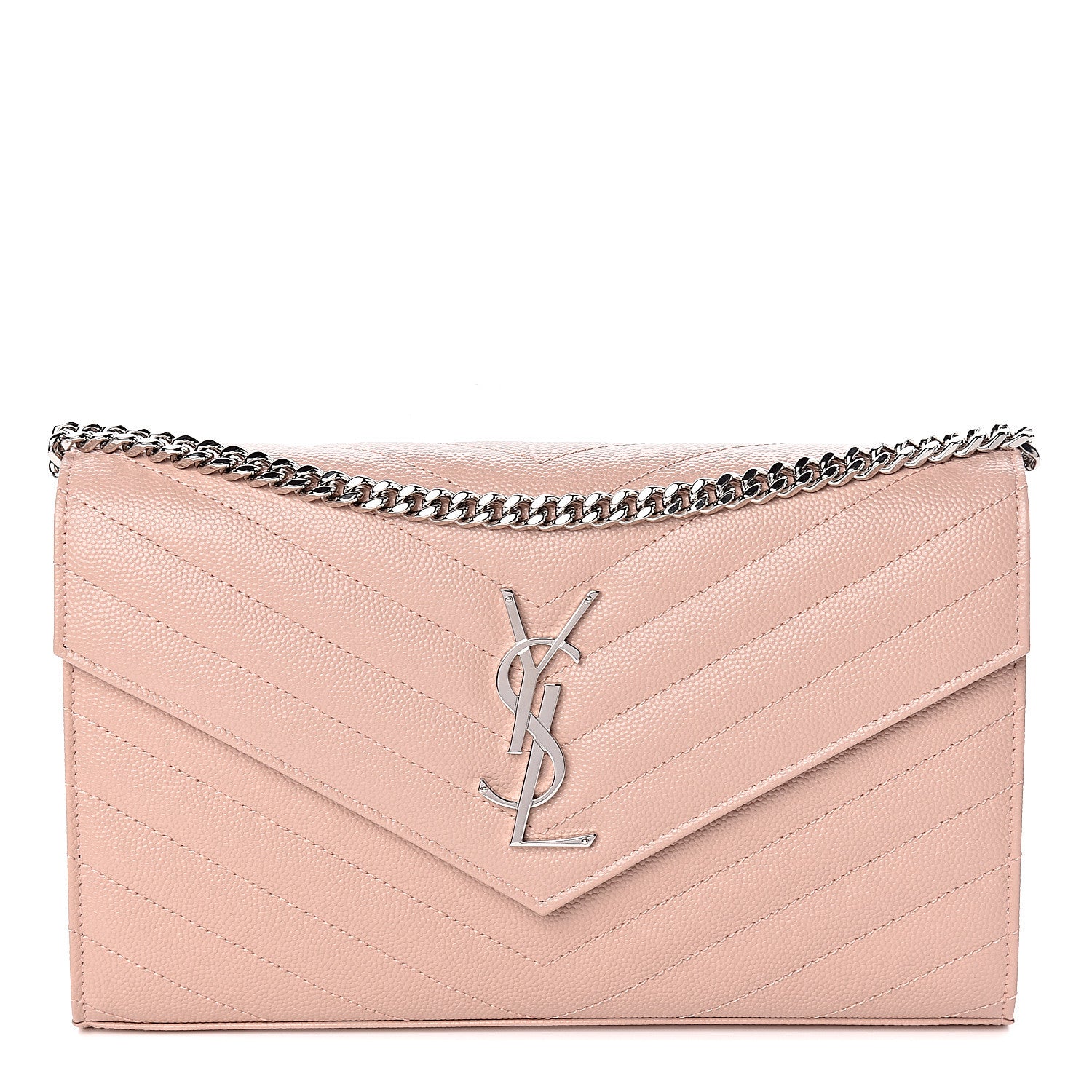 Saint Laurent Grain De Poudre Matelasse Chevron Monogram Chain Wallet Pale Pink 1 of 10