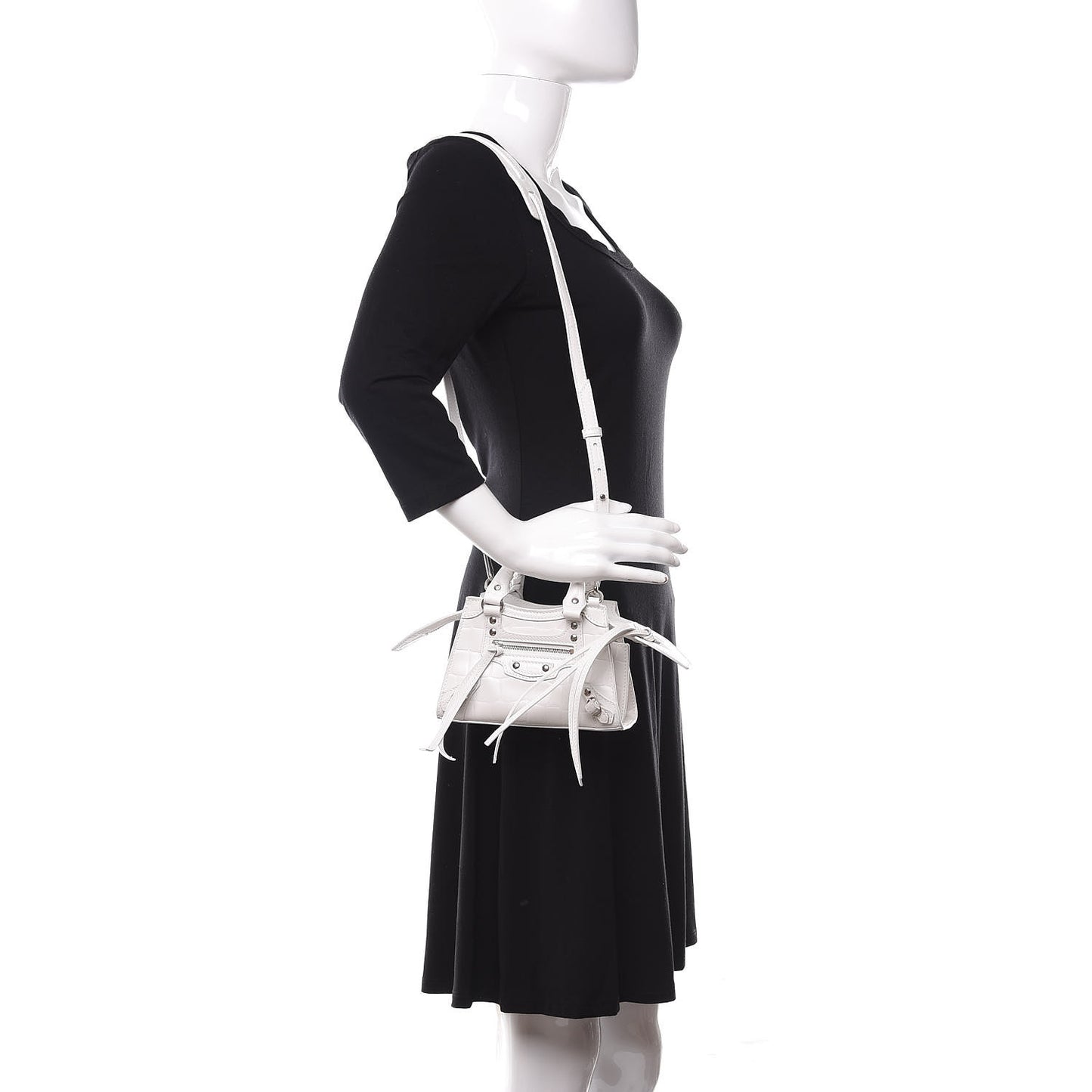 Semi Shiny Calfskin Crocodile Embossed Neo Classic Silver Hardware Mini City White