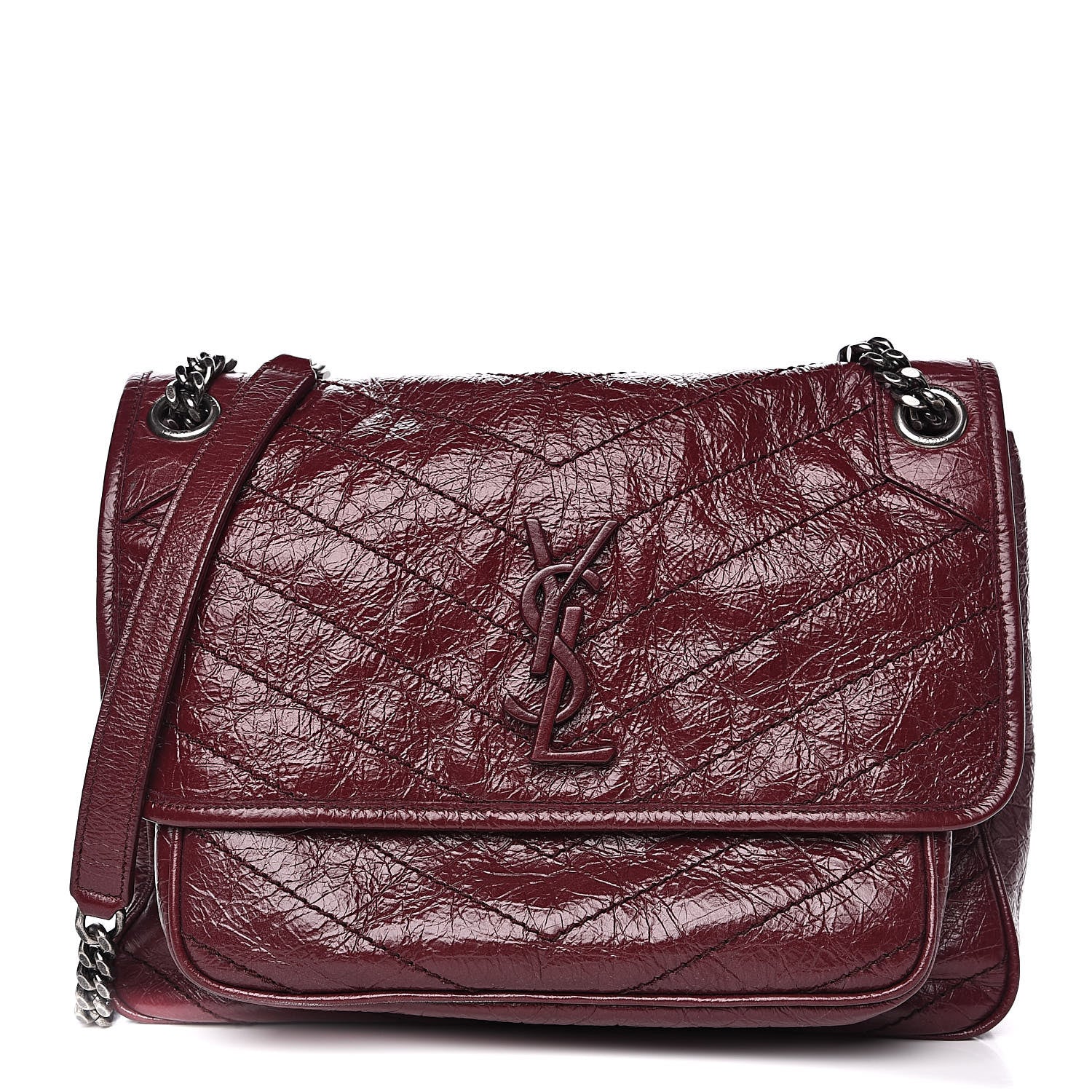 Saint Laurent Crinkled Calfskin Matelasse Monogram Medium Niki Chain Satchel Burgundy 1 of 11