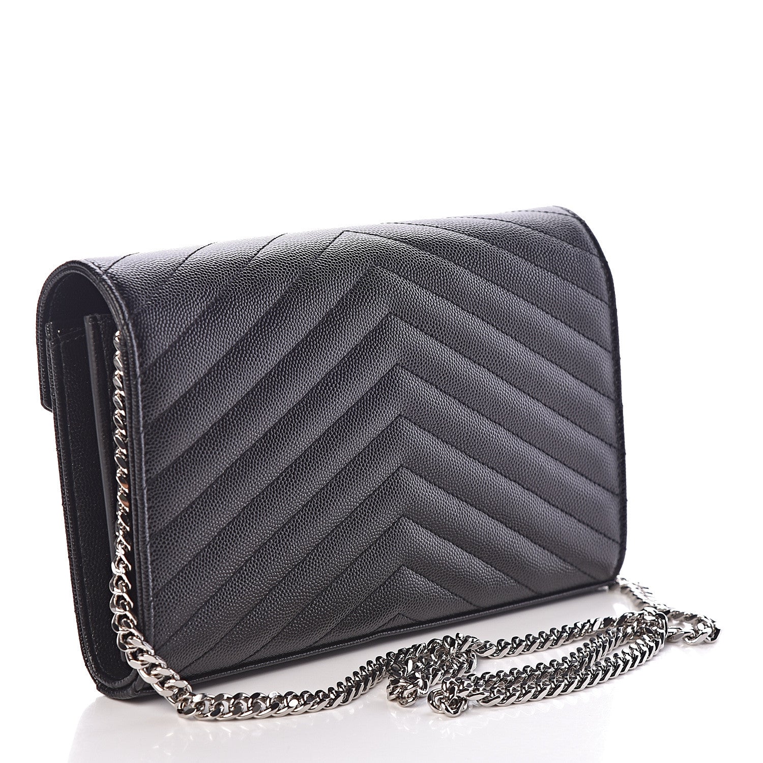Saint Laurent Grain De Poudre Matelasse Chevron Monogram Chain Wallet Black 3 of 9