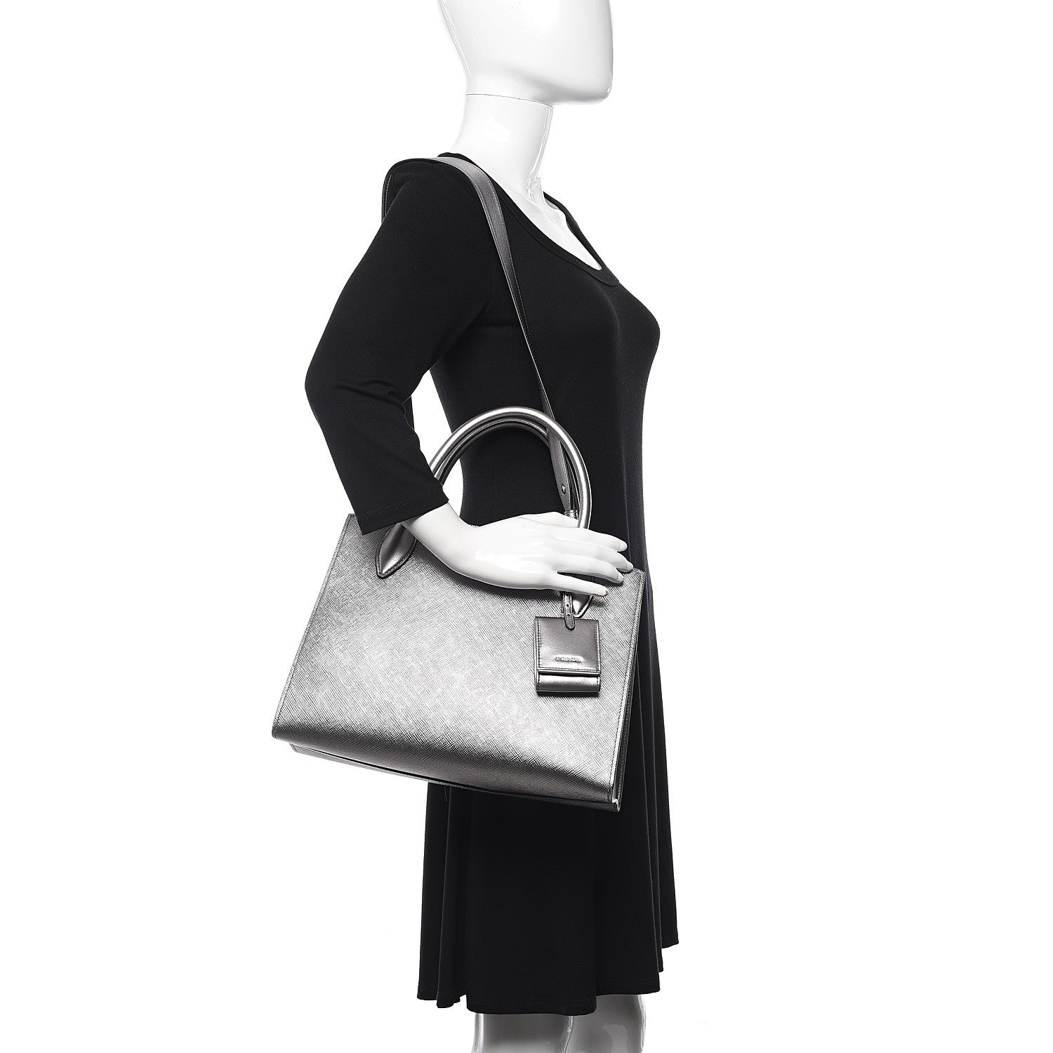 Prada Saffiano Cuir Calfskin Medium Monochrome Top Handle Tote Cromo 2 of 11