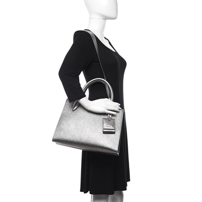 Prada Saffiano Cuir Calfskin Medium Monochrome Top Handle Tote Cromo 2 of 11