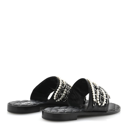 Chanel Pearl Lambskin Chain Flat Sandals 38.5 Black 5 of 10