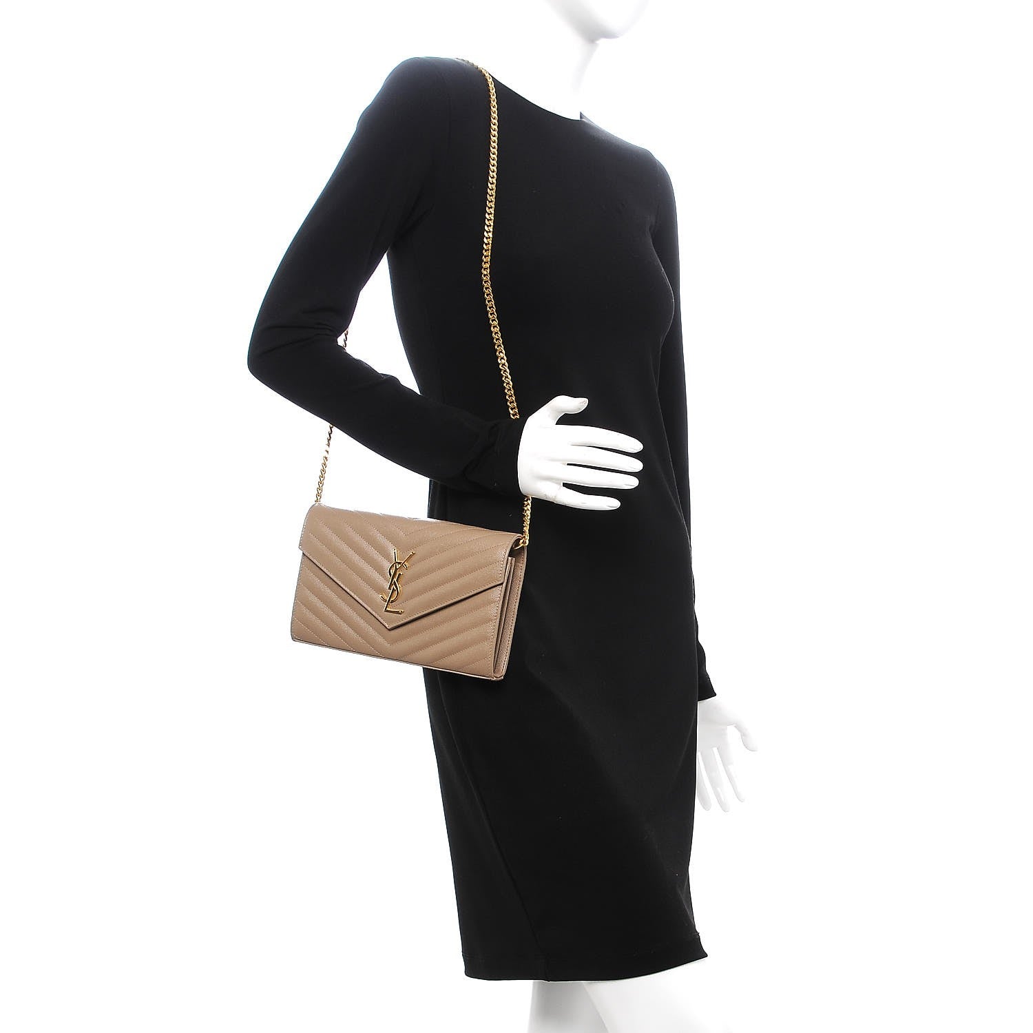 Saint Laurent Grain De Poudre Matelasse Chevron Monogram Chain Wallet Light Taupe 2 of 8