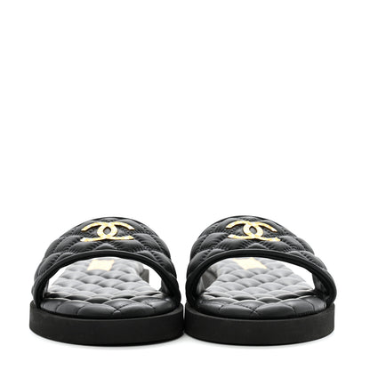 Chanel Lambskin Quilted Textured CC Mules Sandals 39 Black 3 of 12