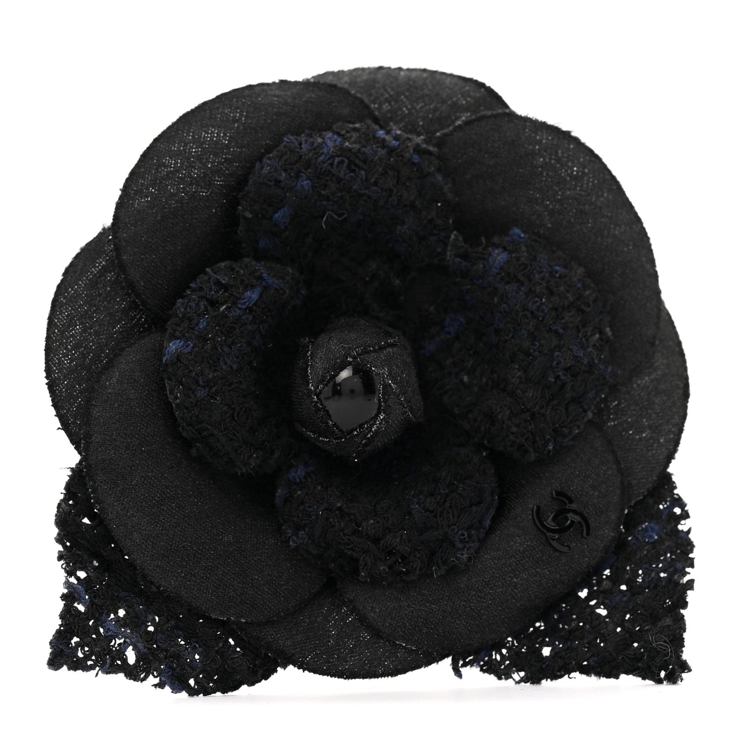 Tweed Camellia Pin Brooch Black