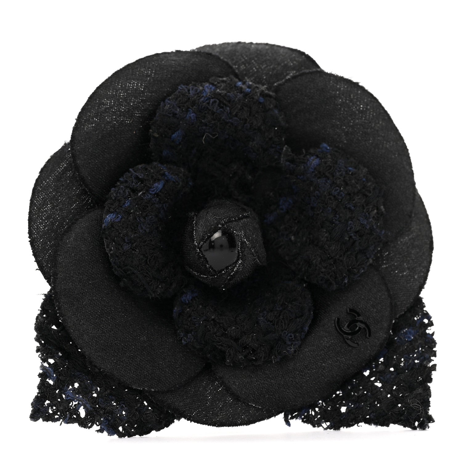 Chanel Tweed Camellia Pin Brooch Black 1 of 5