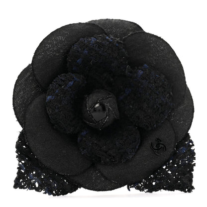 Chanel Tweed Camellia Pin Brooch Black 1 of 5