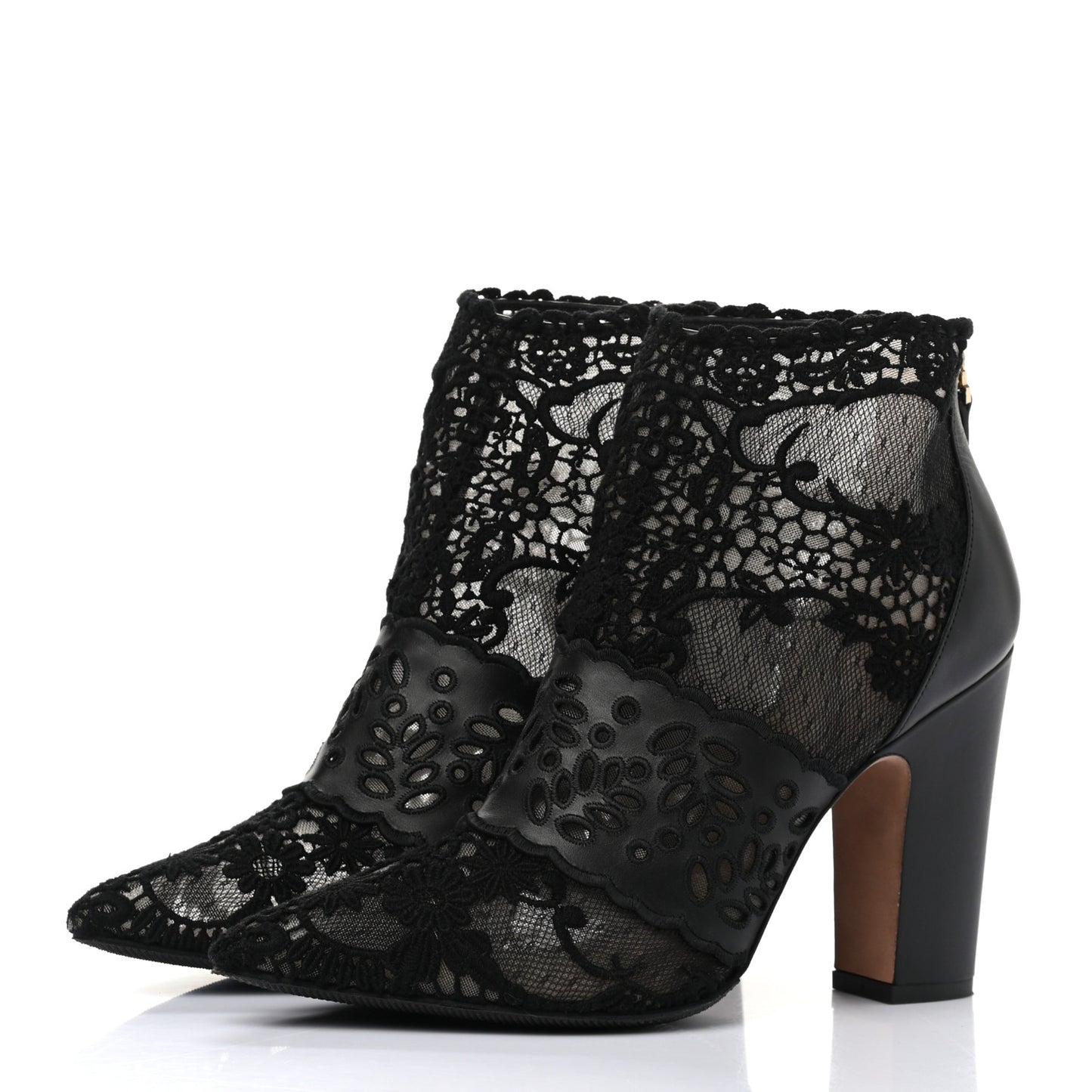 Calfskin Lace Tulle Pointed Toe Ankle Boots 39.5 Black