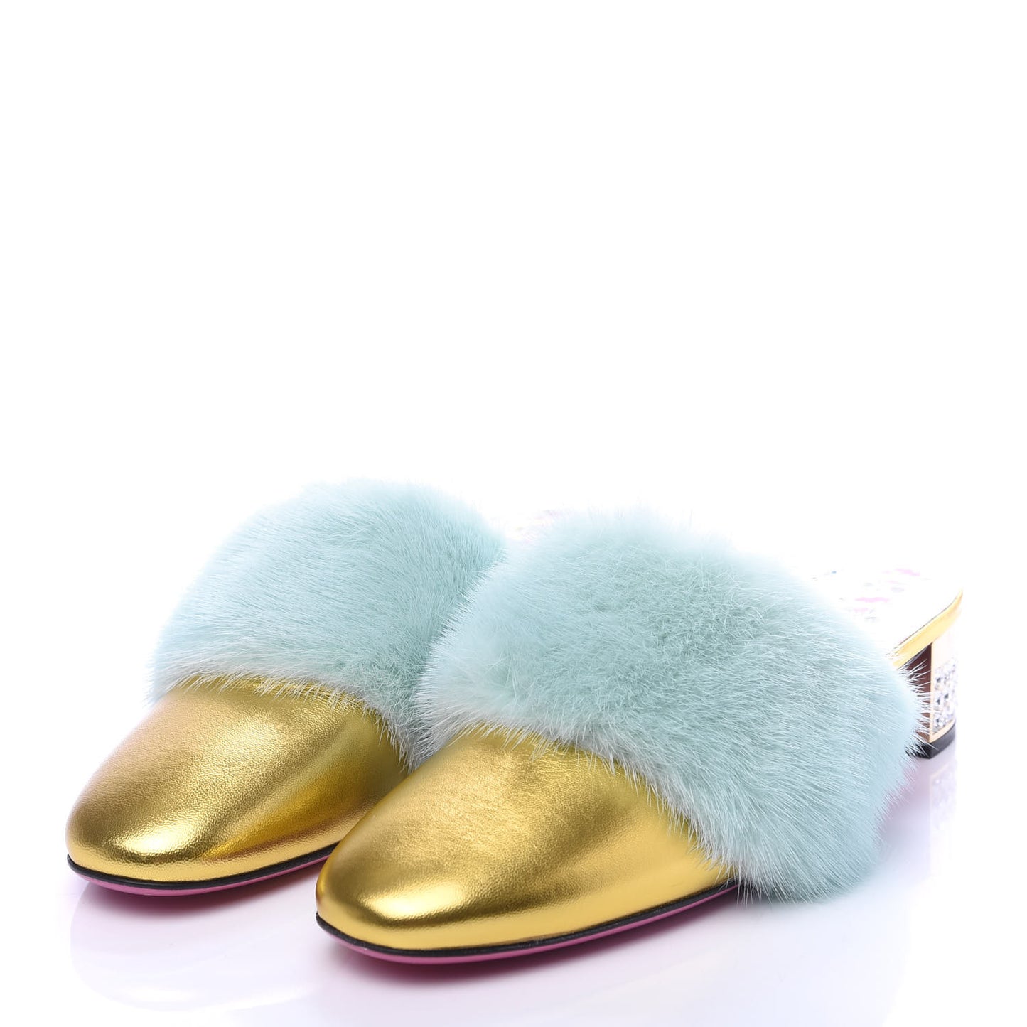 Mink Nappa Crystal Candy Mules 40 Vibrant Turquoise Gold