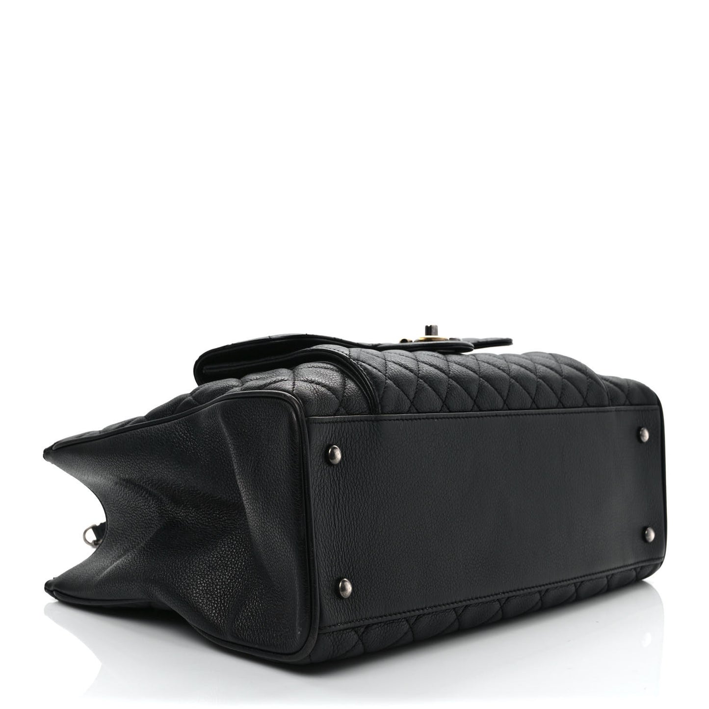 Metallic Grained Calfskin Quilted Large Casual Pocket Tote Black